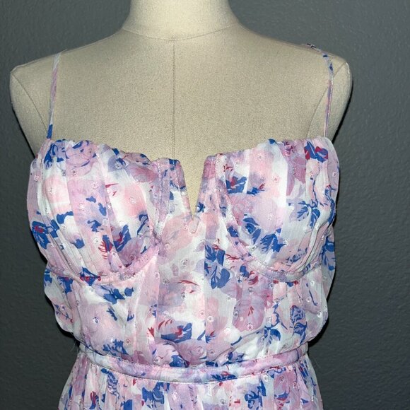LULUS TOTAL DARLING PINK MULTI FLORAL PRINT NOTCHED BUSTIER MAXI DRESS - SIZE M - Picture 2 of 13